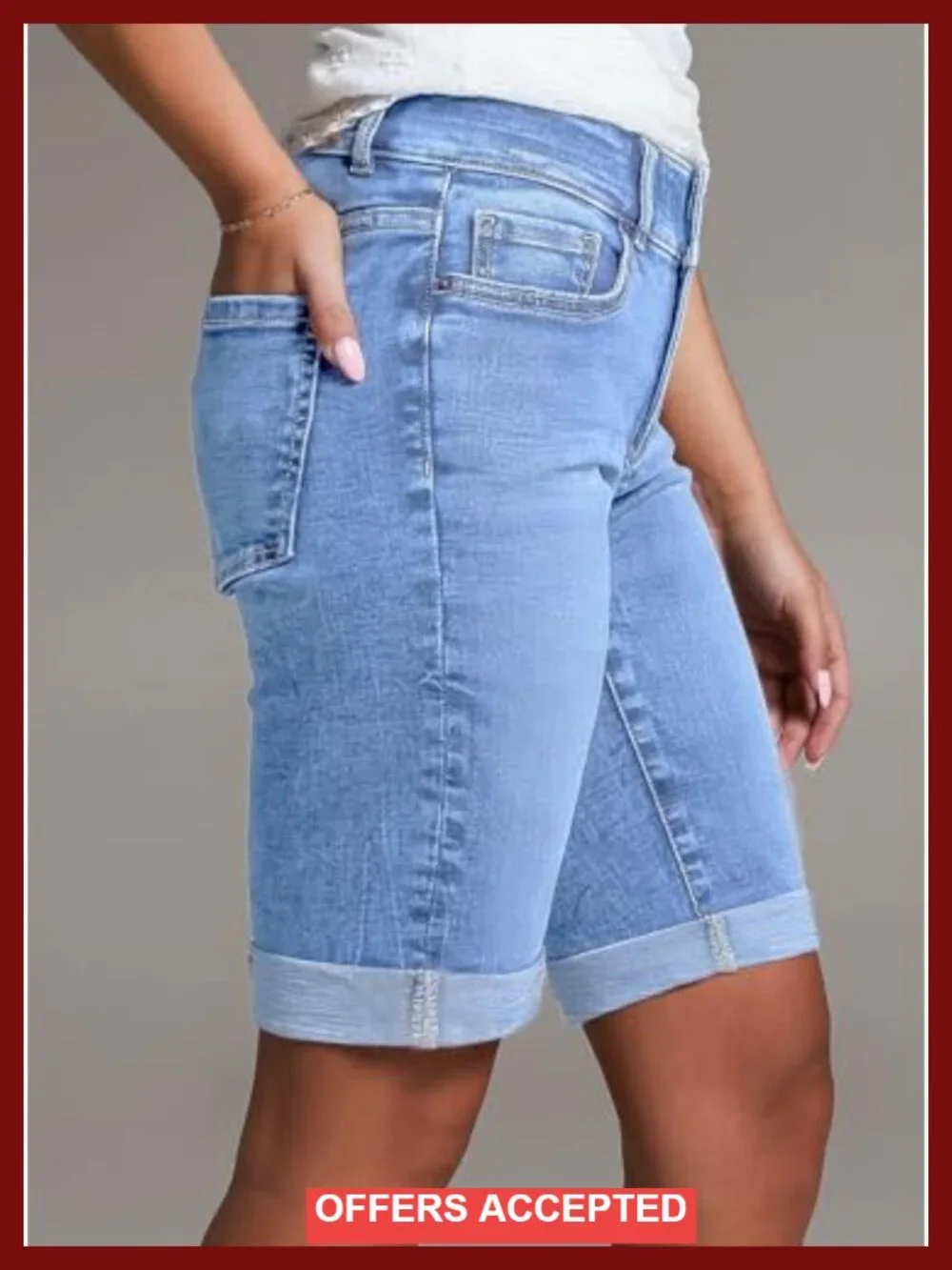 High Waisted Bermuda Jean Shorts with Rolled Hem Stretchy Denim